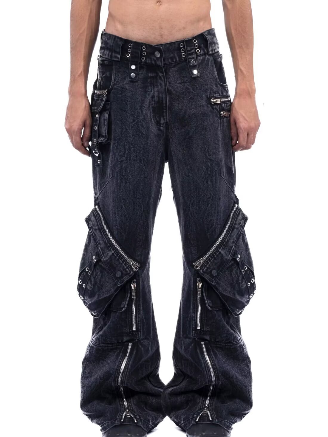 Men'S Accessories For Jeans - กางเกงยีนส์สีดำสไตล์ Y2K โกธิค พังก์ หลายกระเป๋า ซิป