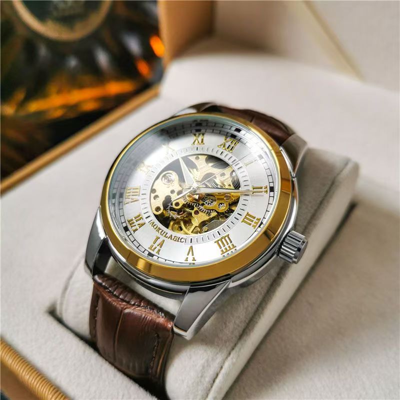 Men Accessories Elegant - นาฬิกาจักรกลอัตโนมัติสำหรับผู้ชาย ดีไซน์โครงกระดูก - สายหนัง หน้าปัดเลขโรมัน ระบบอัตโนมัติ
