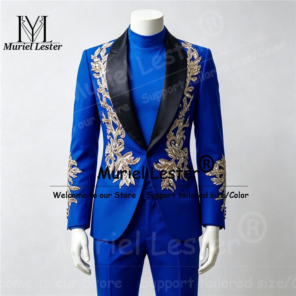 Men Accessories Elegant - ชุดสูทผู้ชายสุดหรูสำหรับงานแต่งงาน สีดำ ปกผ้าคลุมไหล่ ประดับเลื่อมสีทอง ชุดสูทพร้อมกางเกง 2