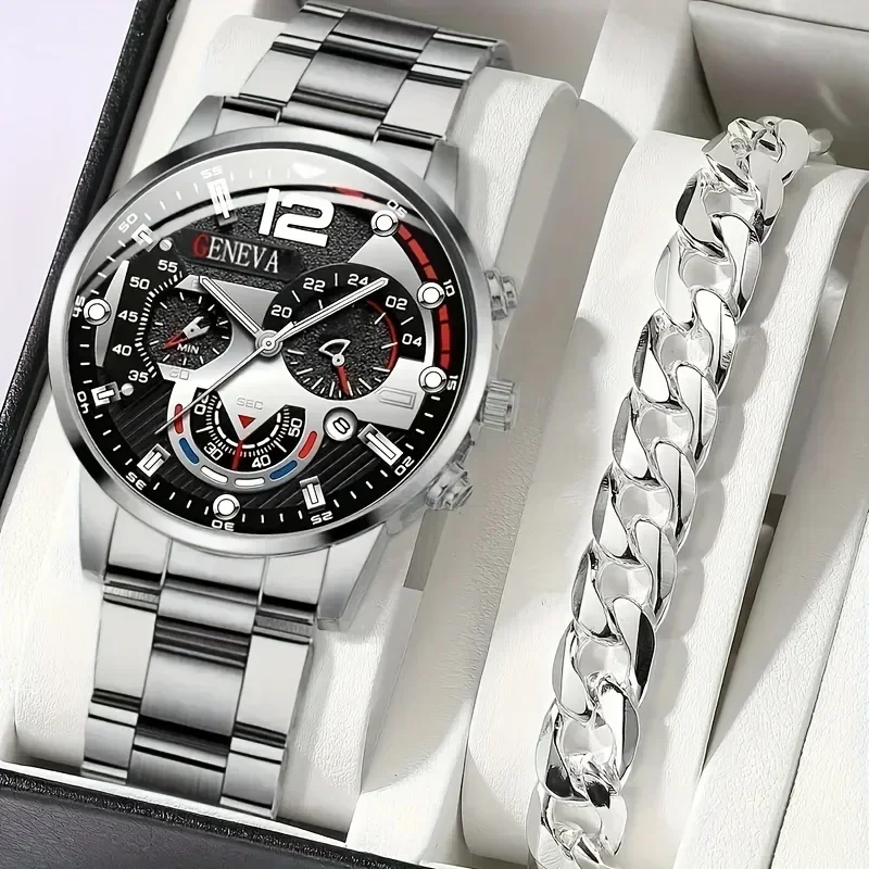 Men Accessories Elegant - 2 ชิ้น ชุดนาฬิกาควอทซ์หน้าปัดกลมมีสไตล์สำหรับผู้ชาย แสดงวันที่อย่างแม่นยำ สายสแตนเลส ตัวเรือนโลหะผสมสังกะสี