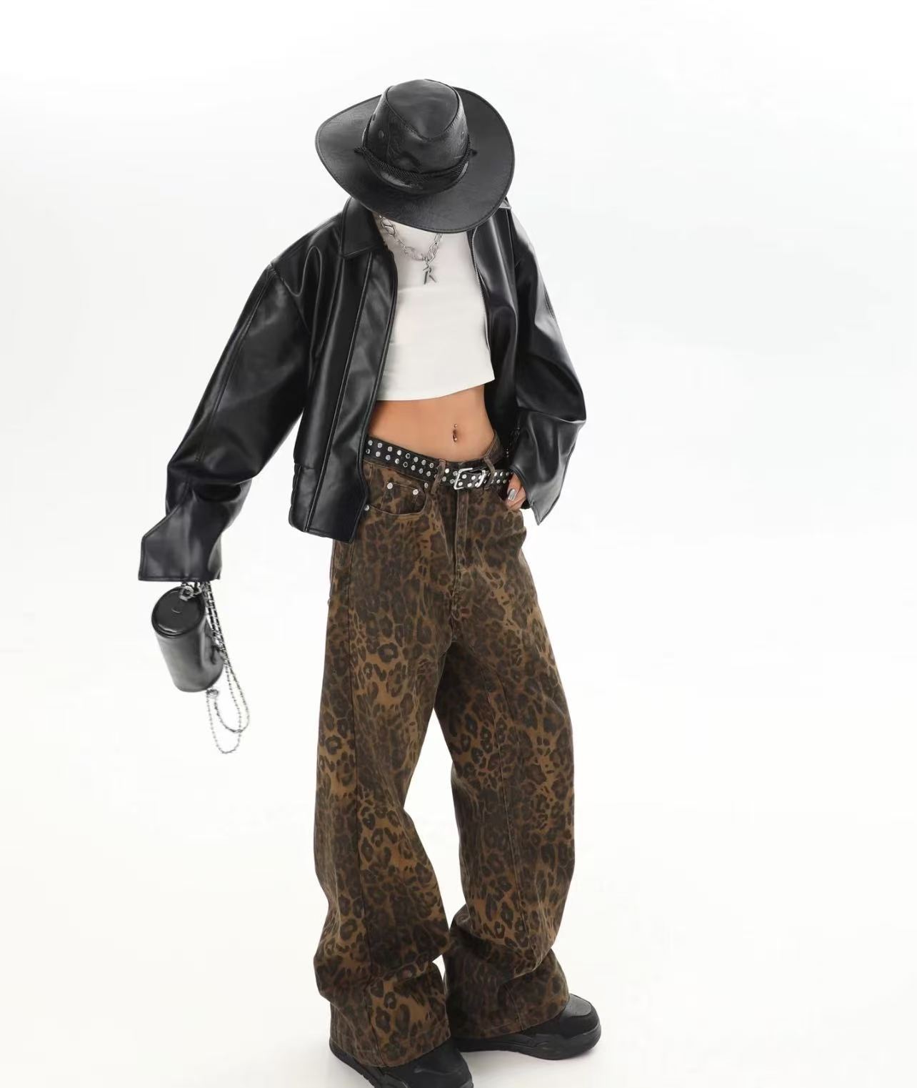 Men'S Accessories For Jeans - กางเกงยีนส์ทรงหลวมขาตรงลายเสือดาวสไตล์ฮาราจูกุเกาหลี รุ่นเรโทร QICHE สำหรับผู้ชายและผู้หญิง แฟชั่นใหม่ล่าสุด สไตล์ลำลอง